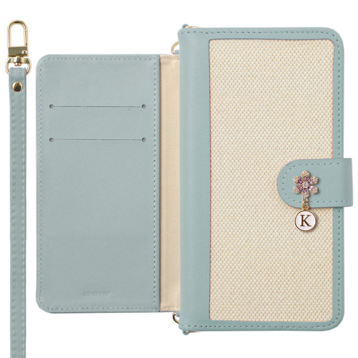 本革 レザー×キャンバス異素材MIX スタンド機能 ショルダーストラップ付き フラワーイニシャルチャーム 手帳型ケース（ベルトあり）Xperiaシリーズ