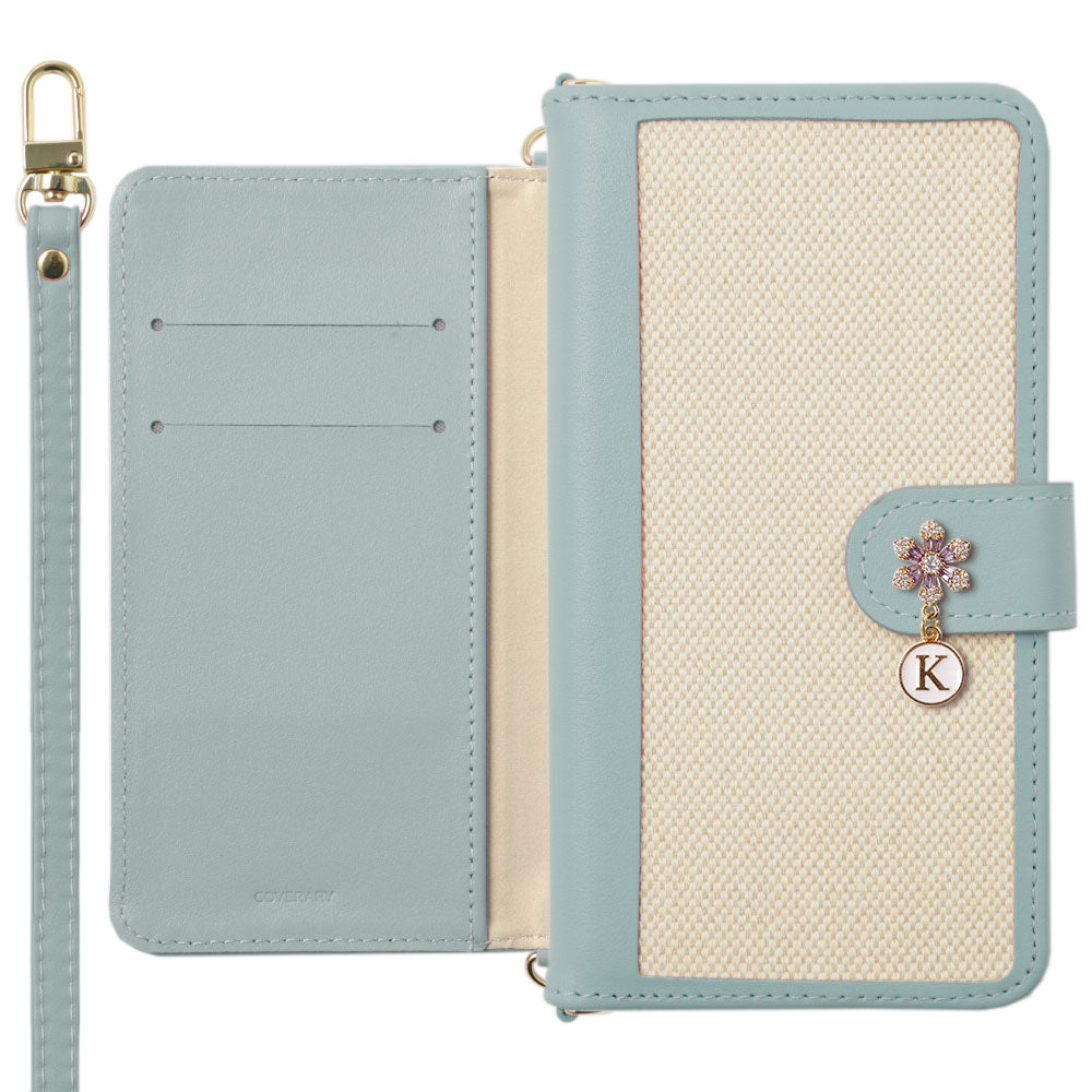 本革 レザー×キャンバス異素材MIX スタンド機能 ショルダーストラップ付き フラワーイニシャルチャーム 手帳型ケース（ベルトあり）