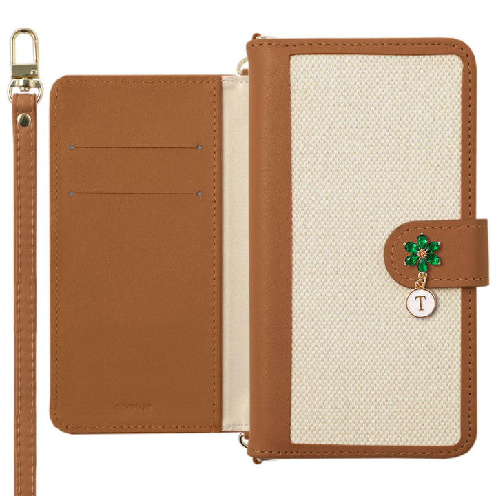 本革 レザー×キャンバス異素材MIX スタンド機能 ショルダーストラップ付き フラワーイニシャルチャーム 手帳型ケース（ベルトあり）Google Pixelシリーズ