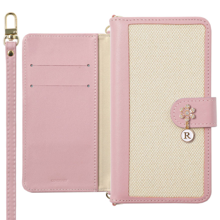 本革 レザー×キャンバス異素材MIX スタンド機能 ショルダーストラップ付き フラワーイニシャルチャーム 手帳型ケース（ベルトあり）iPhoneシリーズ