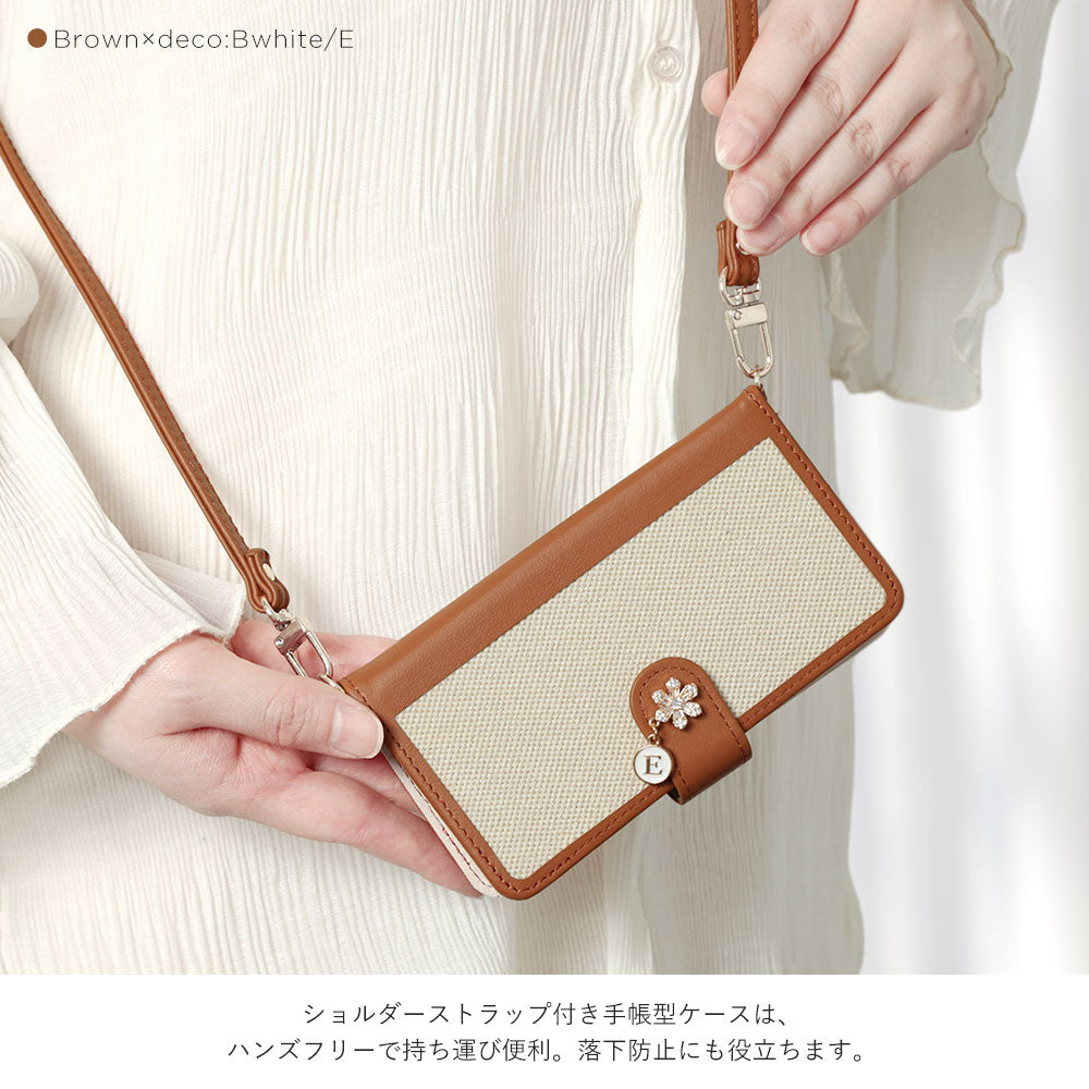 本革 レザー×キャンバス異素材MIX スタンド機能 ショルダーストラップ付き フラワーイニシャルチャーム 手帳型ケース（ベルトあり）Galaxyシリーズ