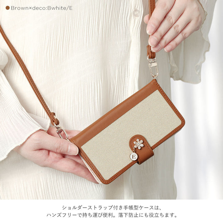 本革 レザー×キャンバス異素材MIX スタンド機能 ショルダーストラップ付き フラワーイニシャルチャーム 手帳型ケース（ベルトあり）Xperiaシリーズ