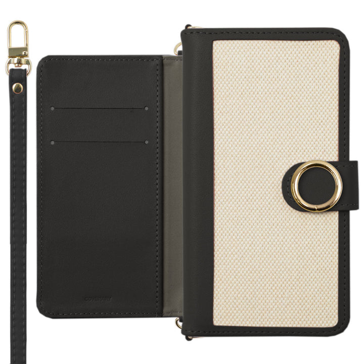 Genuine Leather × Canvas Mixed Material Gold Ring Stand Function Shoulder Strap Included Notebook-style Case (with Belt) for iPhone Series