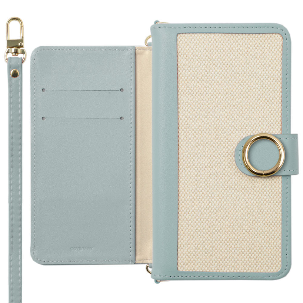 Genuine Leather × Canvas Mixed Material Gold Ring Stand Function Shoulder Strap Included Notebook-style Case (with Belt) for iPhone Series