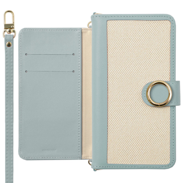 Étui portefeuille avec ceinture en cuir véritable × toile mélange de matériaux, anneau doré, fonction support, avec bandoulière, série Xperia