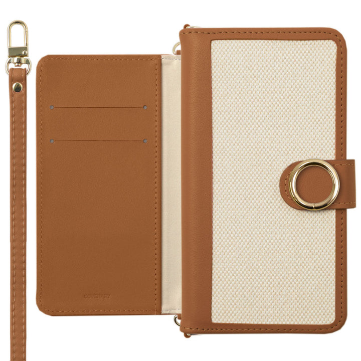 Genuine Leather × Canvas Mixed Material Gold Ring Stand Function Shoulder Strap Included Notebook-style Case (with Belt) for iPhone Series