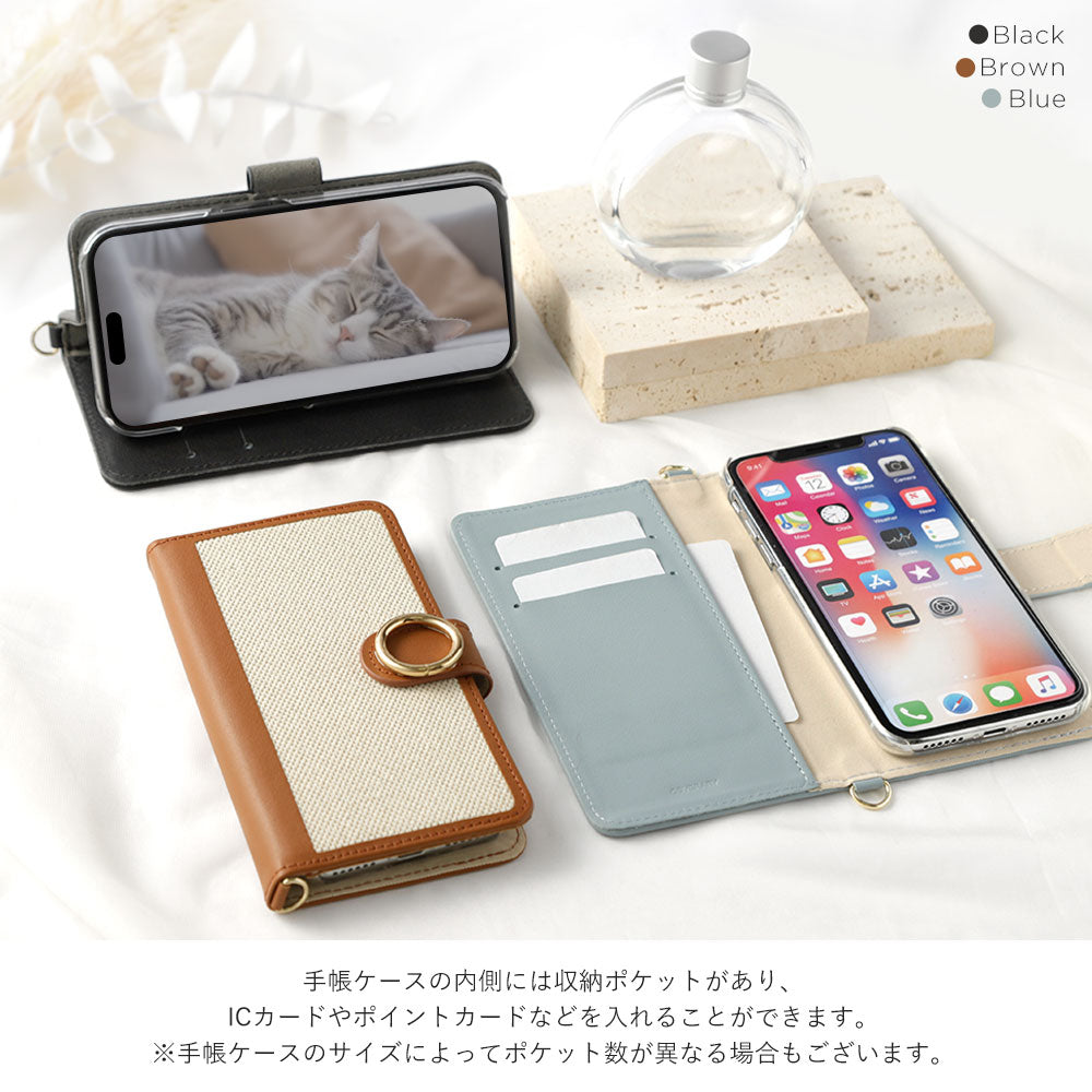Genuine Leather × Canvas Mixed Material Gold Ring Stand Function Shoulder Strap Included Notebook-style Case (with Belt) for iPhone Series