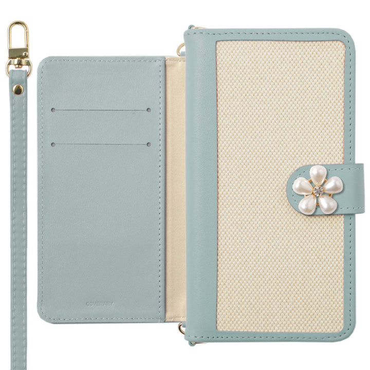 Genuine leather × canvas mixed materials stand function with shoulder strap one-point series notebook-style case (with belt) AQUOS series