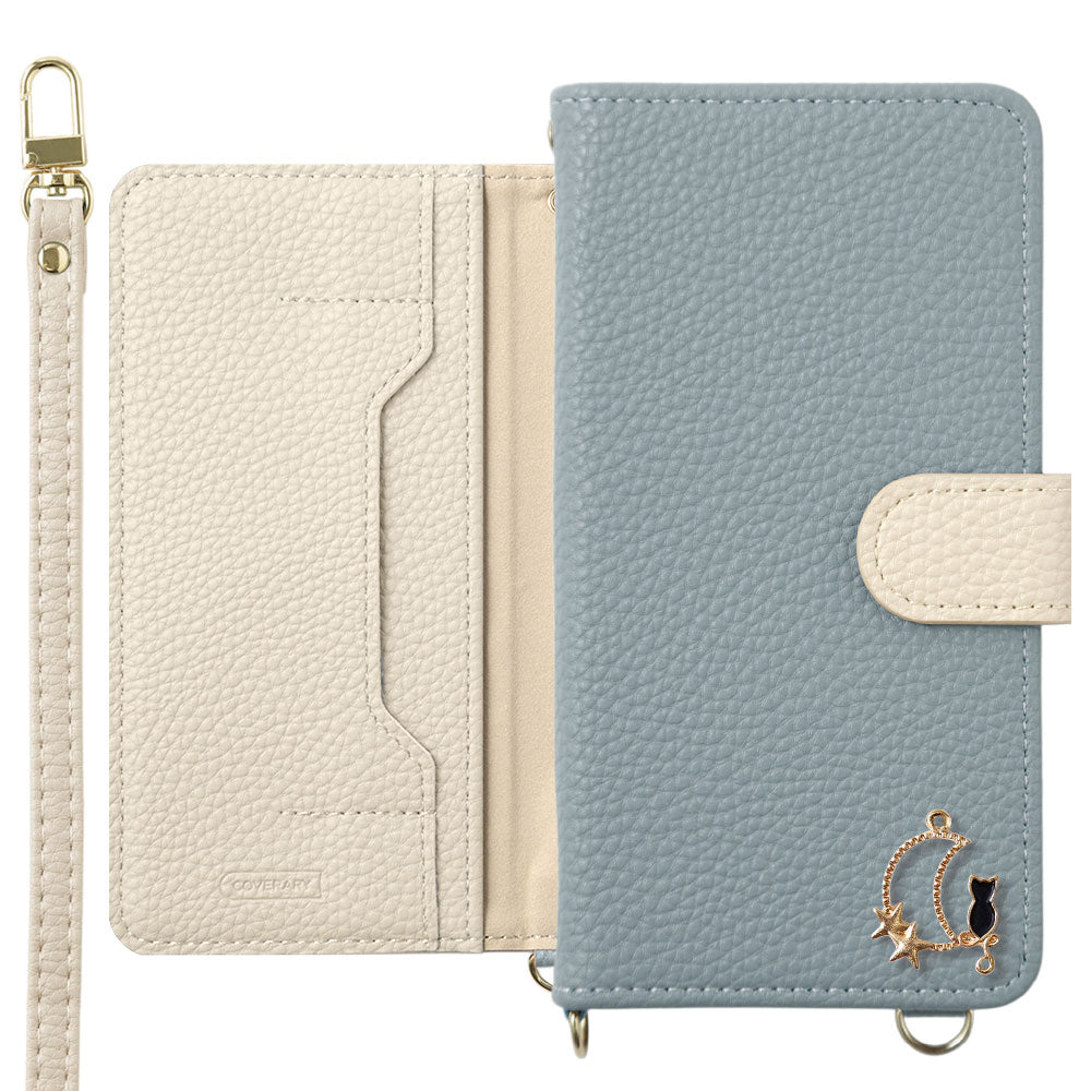 Vegan leather bicolor moon cat deco stand function with shoulder strap notebook-style case (with belt)