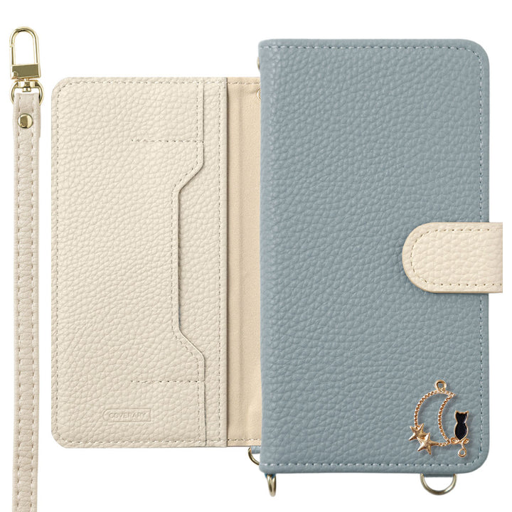 Vegan leather bicolor moon cat deco stand function with shoulder strap notebook-style case (with belt)