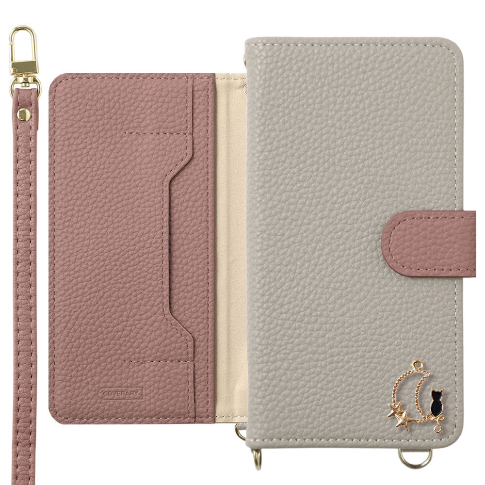 Vegan Leather Bicolor Moon Cat Deco Stand Function with Shoulder Strap Notebook Case (with Belt) for Google Pixel Series