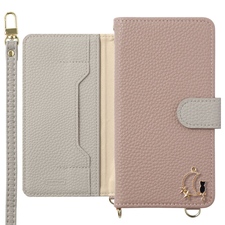 Vegan leather bicolor moon cat deco stand function with shoulder strap notebook-style case (with belt)