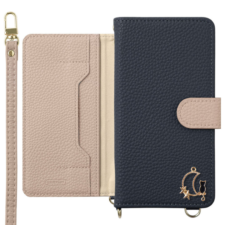 Vegan leather bicolor moon cat deco stand function with shoulder strap notebook-style case (with belt) for iPhone series