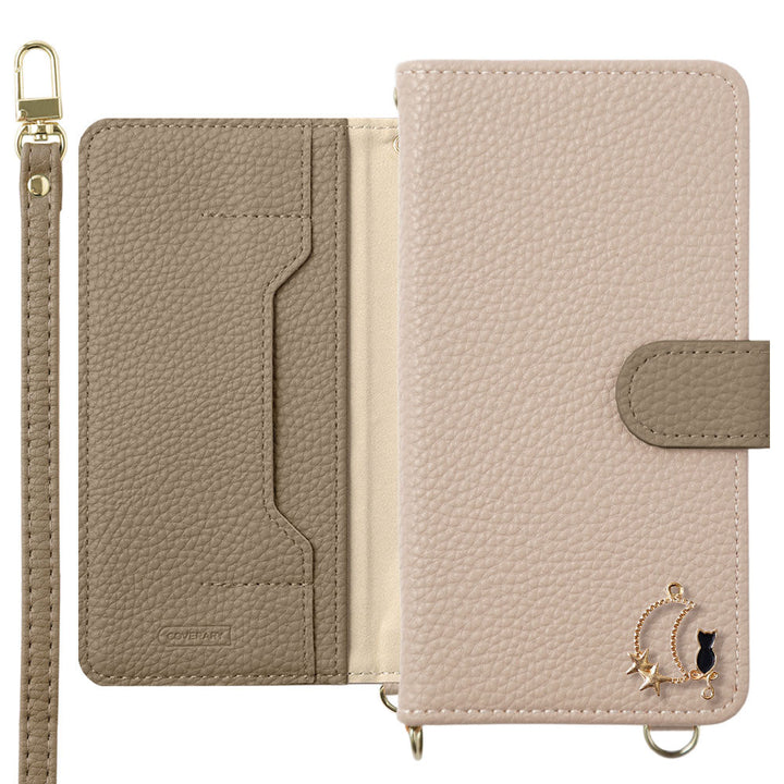 Vegan leather bicolor moon cat deco stand function with shoulder strap notebook-style case (with belt) for iPhone series