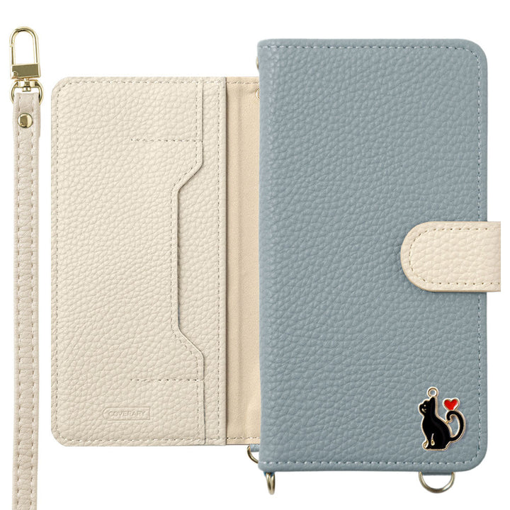 Vegan leather bicolor heart cat deco stand function with shoulder strap notebook-type case (with belt)