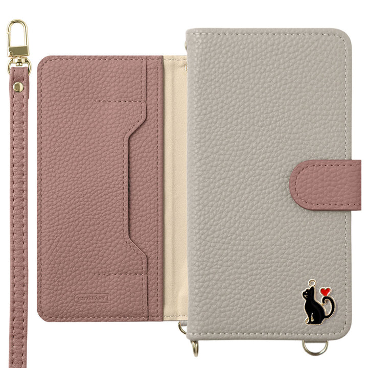 Vegan leather bicolor heart cat deco stand function with shoulder strap notebook-type case (with belt) AQUOS series