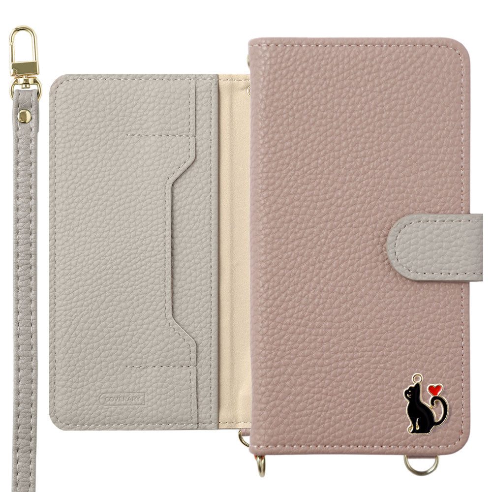 Vegan leather bicolor heart cat deco stand function with shoulder strap notebook-type case (with belt) AQUOS series