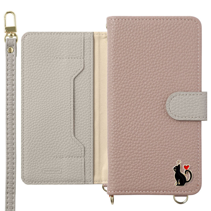 Vegan leather bicolor heart cat deco stand function with shoulder strap notebook-type case (with belt) iPhone series