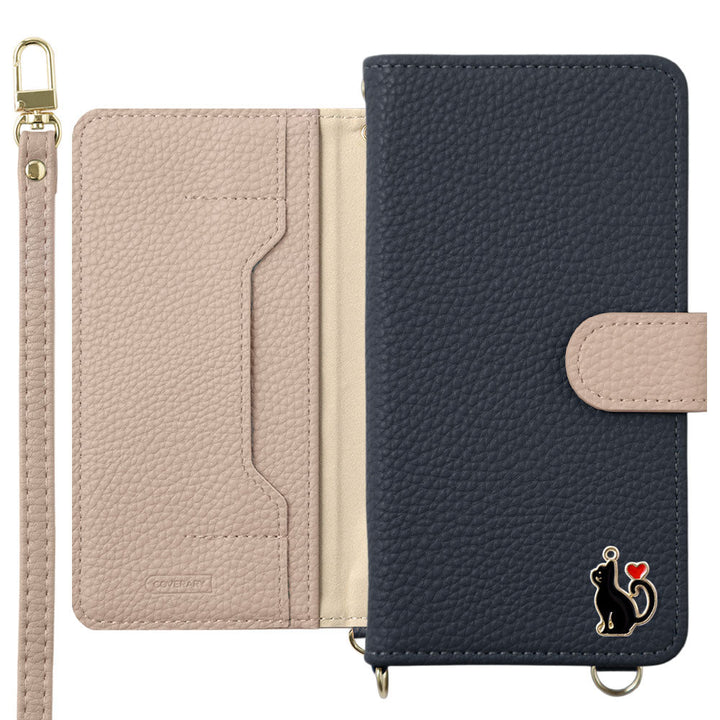 Vegan leather bicolor heart cat deco stand function with shoulder strap notebook-type case (with belt) AQUOS series