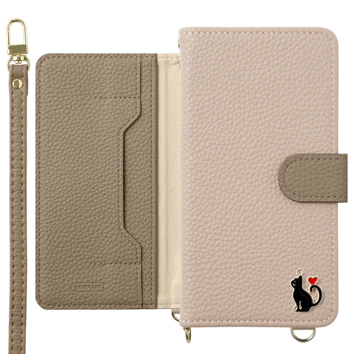 Vegan leather bicolor heart cat deco stand function with shoulder strap notebook-type case (with belt) AQUOS series