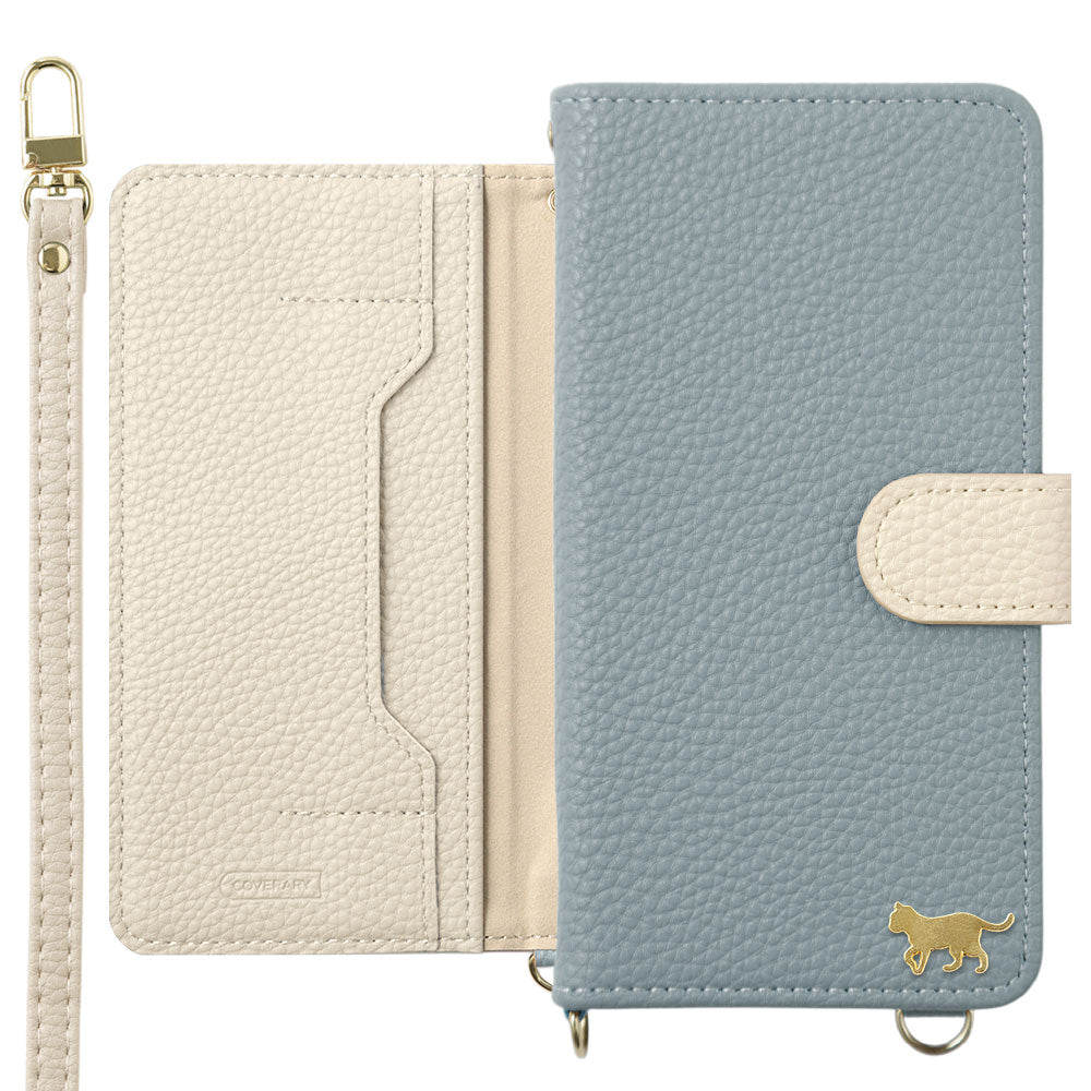 Vegan leather bicolor gold cat deco stand function with shoulder strap notebook-type case (with belt) iPhone series