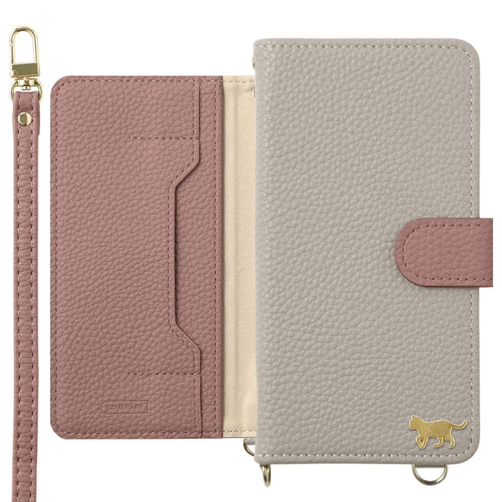 Vegan leather bicolor gold cat deco stand function with shoulder strap notebook-type case (with belt) iPhone series