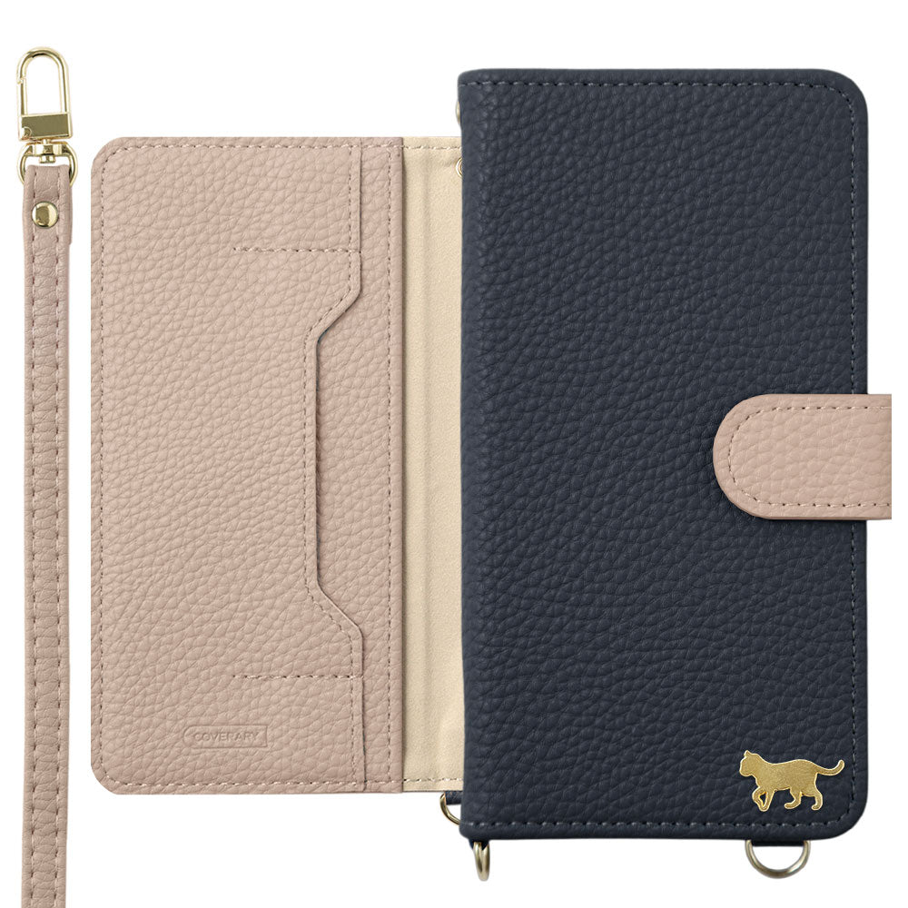 Vegan leather bicolor gold cat deco stand function with shoulder strap notebook-type case (with belt) iPhone series