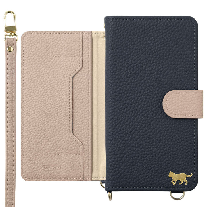 Vegan leather bicolor gold cat deco stand function with shoulder strap notebook-type case (with belt) iPhone series