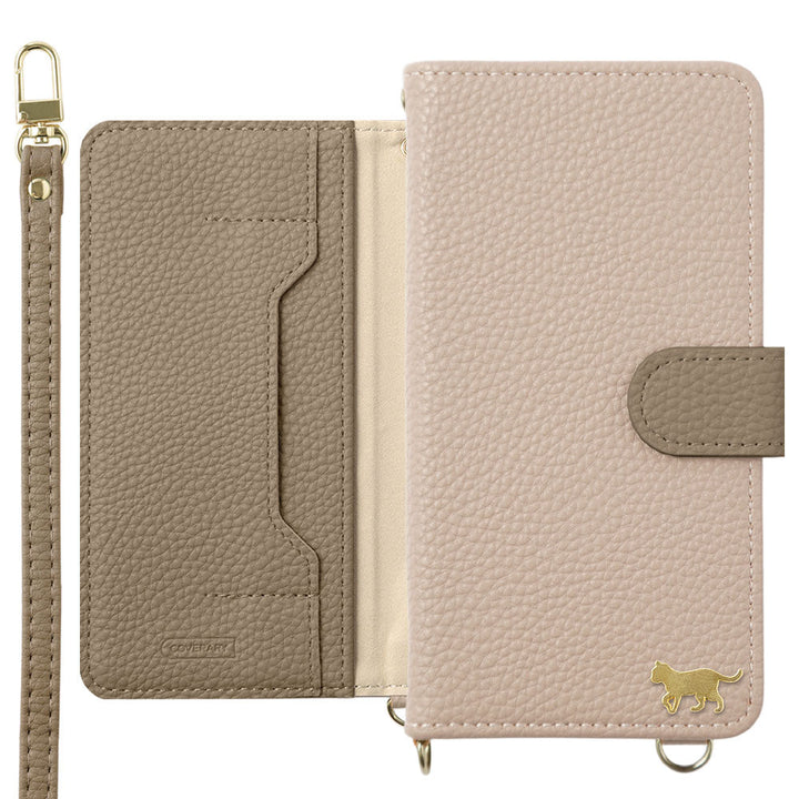 Vegan leather bicolor gold cat deco stand function with shoulder strap notebook-type case (with belt) Google Pixel series