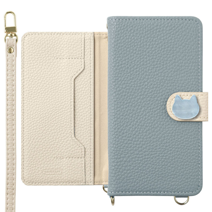 Étui portefeuille bicolore en cuir végan avec décoration chat, fonction support, bandoulière (avec ceinture) pour la série Galaxy