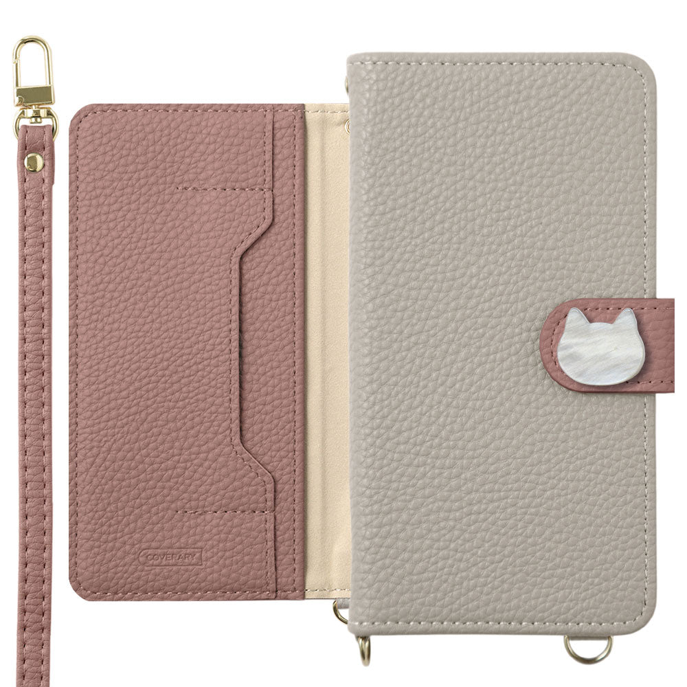 Vegan leather bicolor cat deco stand function with shoulder strap notebook-style case (with belt)