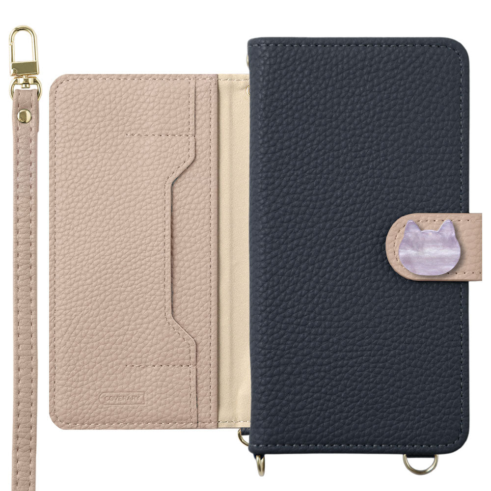 Vegan leather bicolor cat deco stand function with shoulder strap notebook-style case (with belt) for iPhone series