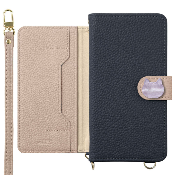 Vegan leather bicolor cat deco stand function with shoulder strap notebook-style case (with belt)