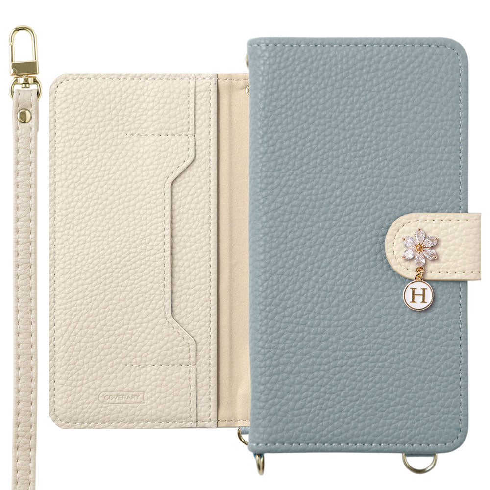 Vegan leather bicolor stand function with shoulder strap flower initial charm notebook-style case (with belt) Xperia series