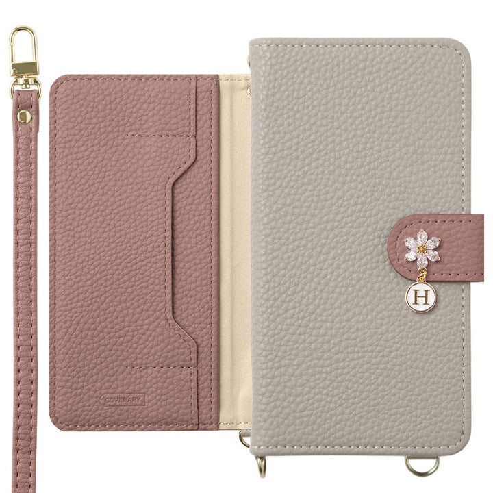 Vegan leather bicolor stand function shoulder strap with flower initial charm notebook-style case (with belt)