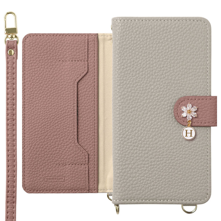 Vegan leather bicolor stand function with shoulder strap flower initial charm notebook-style case (with belt) Xperia series