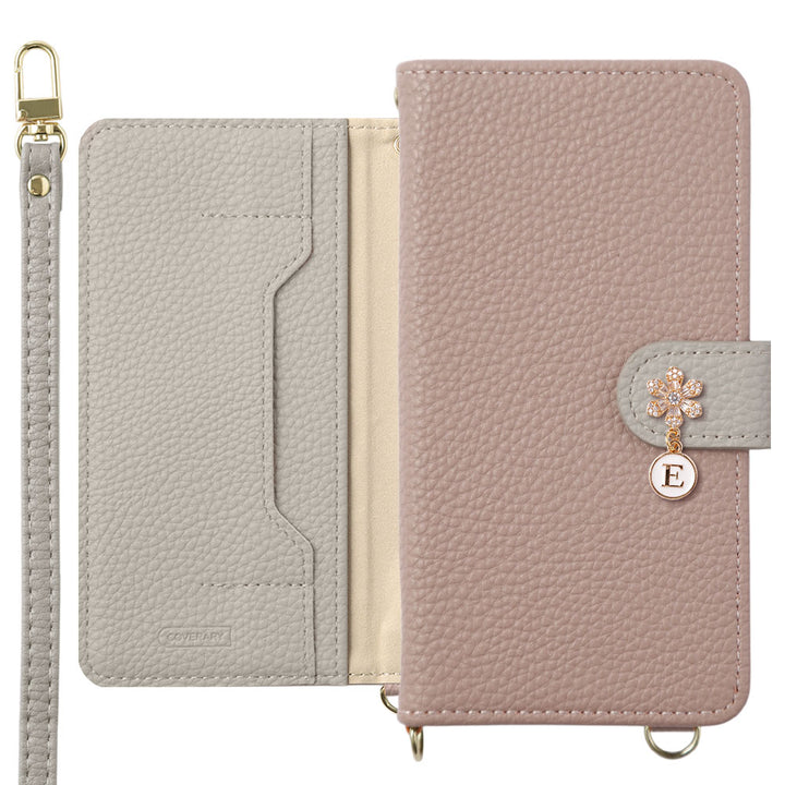 Vegan leather bicolor stand function shoulder strap with flower initial charm notebook-style case (with belt)