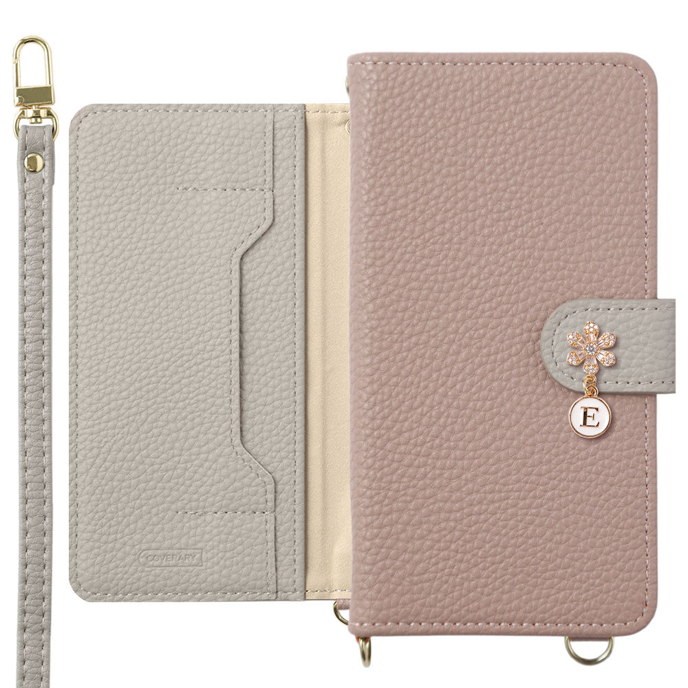 Vegan leather bicolor stand function with shoulder strap flower initial charm notebook-style case (with belt) Galaxy series