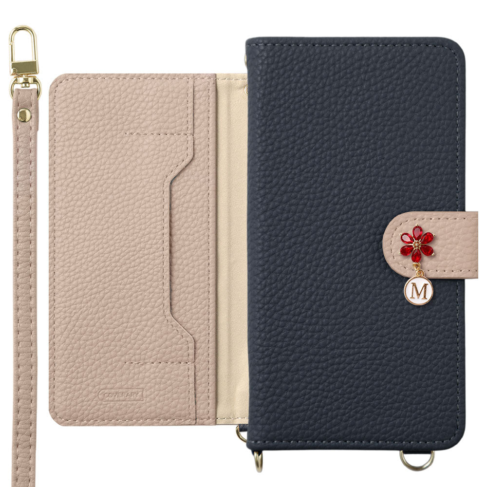 Vegan leather bicolor stand function with shoulder strap flower initial charm notebook-style case (with belt) Xperia series
