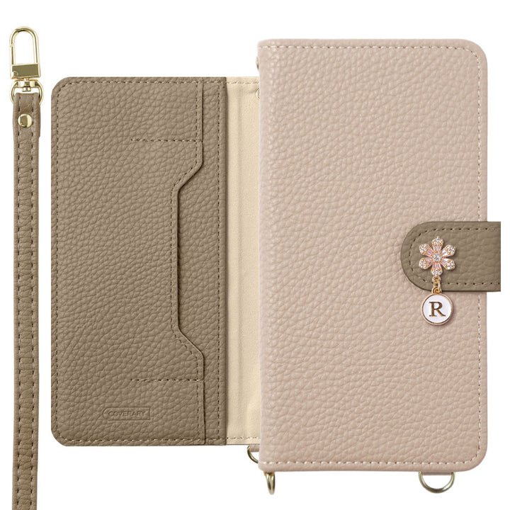 Vegan leather bicolor stand function shoulder strap with flower initial charm notebook-style case (with belt)