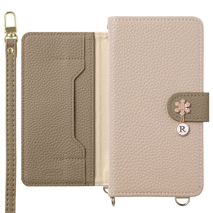 Vegan leather bicolor stand function with shoulder strap flower initial charm notebook-style case (with belt) Xperia series