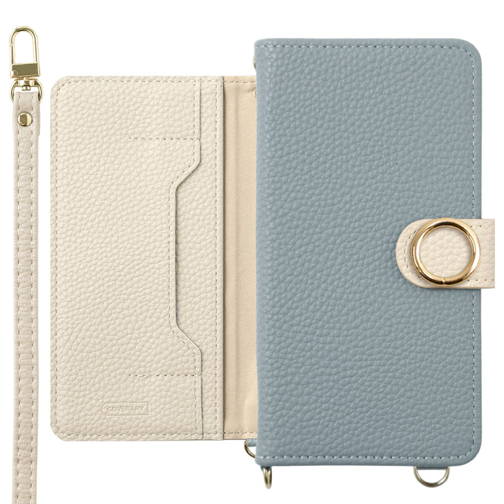 Vegan leather bicolor gold ring stand function with shoulder strap notebook-style case (with belt) AQUOS series