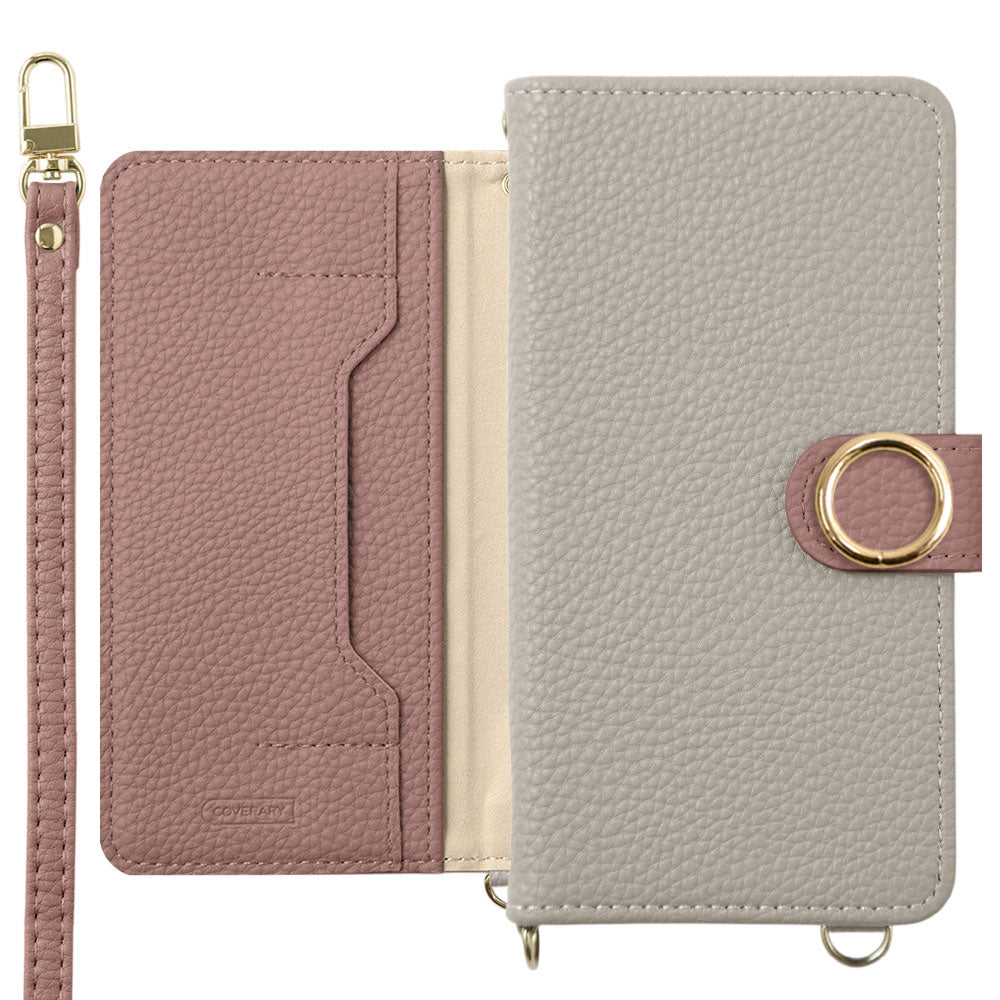 Vegan leather bicolor gold ring stand function with shoulder strap notebook-style case (with belt) AQUOS series