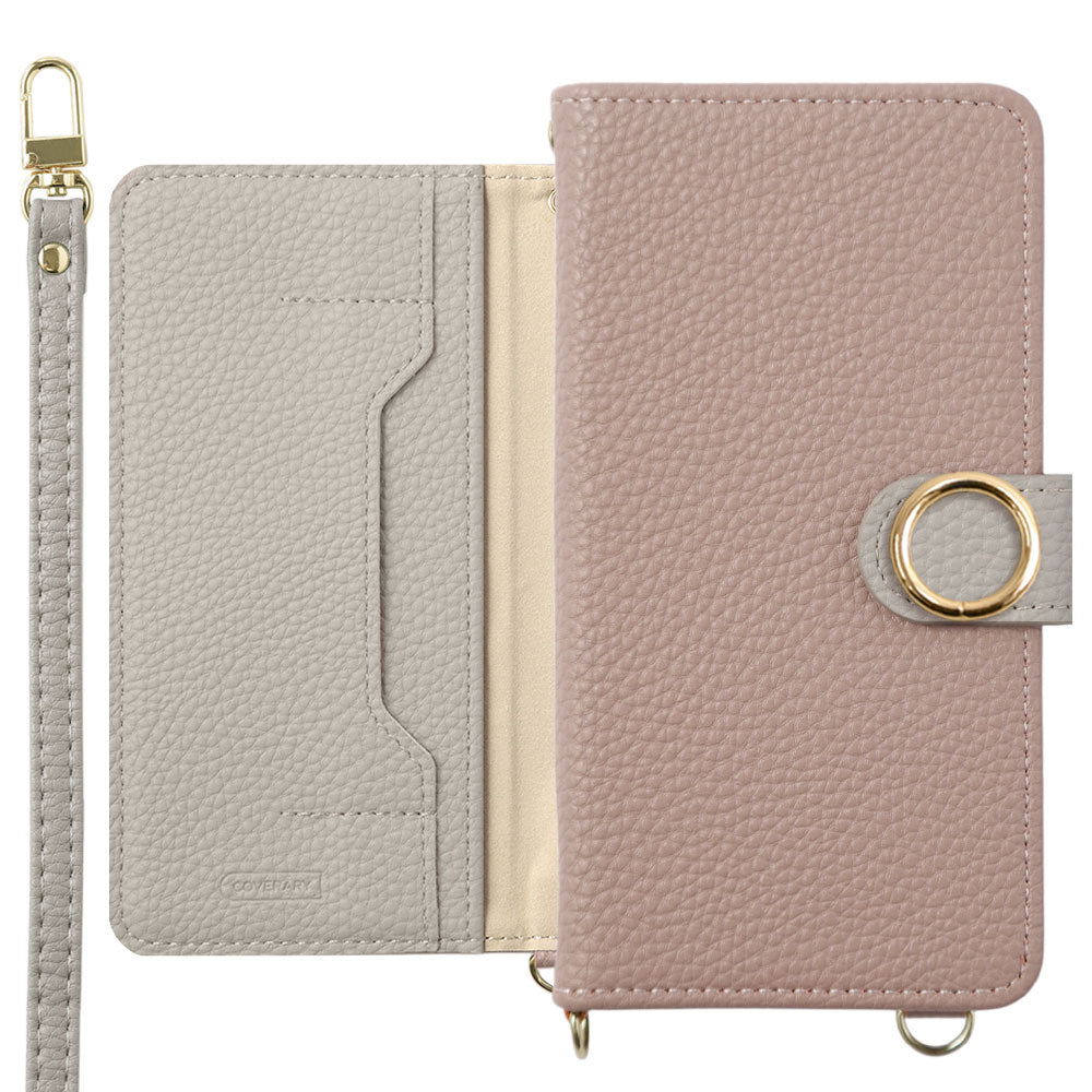Vegan leather bicolor gold ring stand function with shoulder strap notebook-style case (with belt) AQUOS series