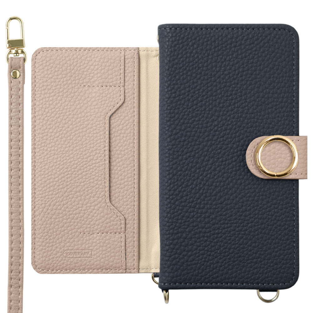 Vegan leather bicolor gold ring stand function with shoulder strap notebook-style case (with belt) AQUOS series