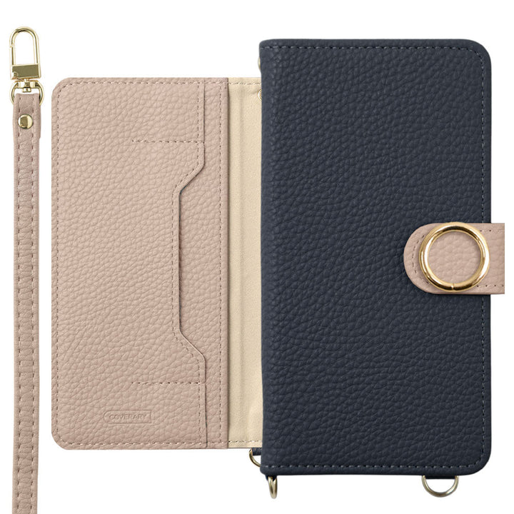 Vegan leather bicolor gold ring stand function with shoulder strap notebook-style case (with belt) AQUOS series
