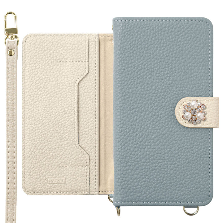 Vegan leather bicolor one-point series stand function with shoulder strap notebook-style case (with belt) for iPhone series