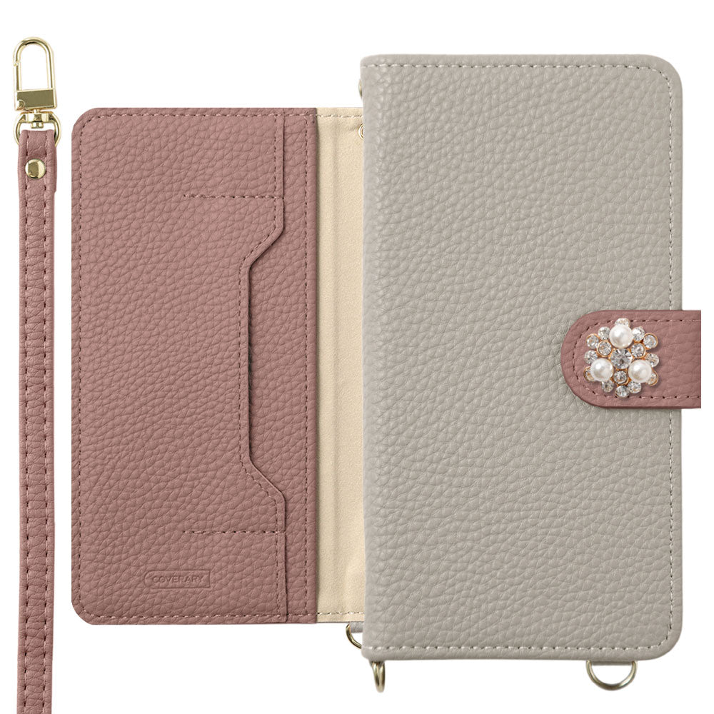 Vegan leather bicolor one-point series stand function with shoulder strap notebook-style case (with belt) for iPhone series