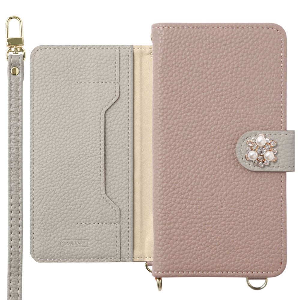 Vegan leather bicolor one-point series stand function with shoulder strap notebook-style case (with belt) for iPhone series