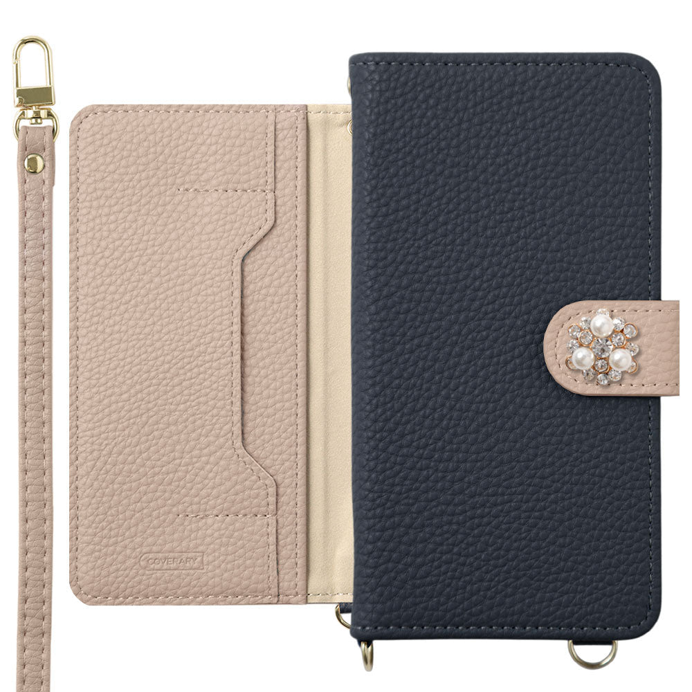 Vegan leather bicolor one-point series stand function with shoulder strap notebook-style case (with belt) for iPhone series